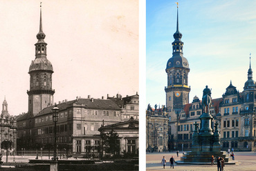 A palota a Zwinger felől az 1890-es évekbeli átépítés előtt, és 2022-ben, Forrás: stadtbild-deutschland.org / a szerző felvétele