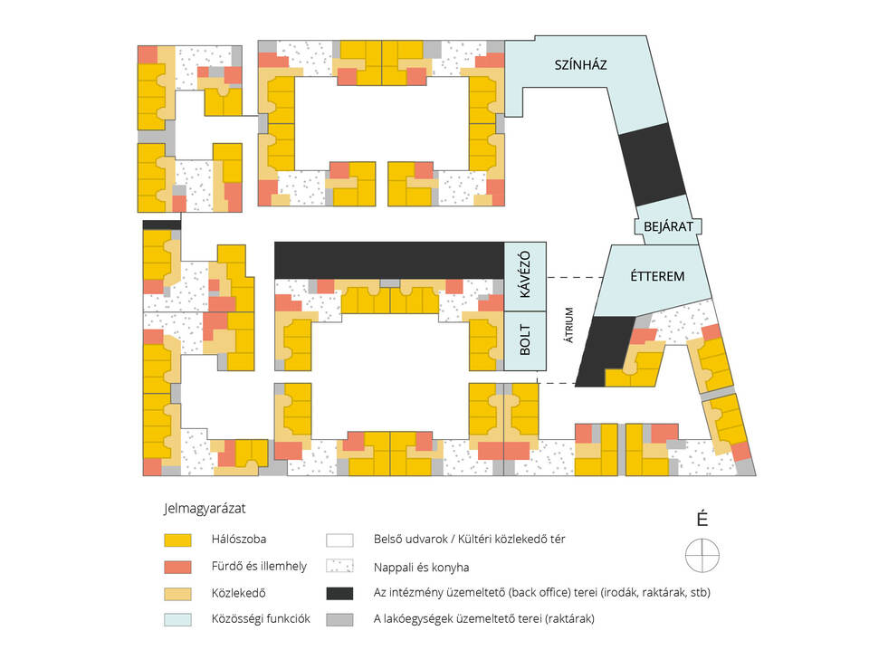 Földszinti funkciók. Rajz: WeCare architecture. Az épület tervezője: Buro Kade