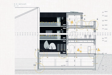 Cohousing, Budapest VIII.kerület – A-A metszet M=1:50 – Terv: Balogh Eszter