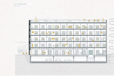 Cohousing, Budapest VIII.kerület – B-B metszet M=1:100 – Terv: Balogh Eszter