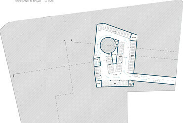 Pince alaprajz – Fülöp Tibor terve a keszthelyi Ranolder-iskola megújításáról szóló tervpályázaton
