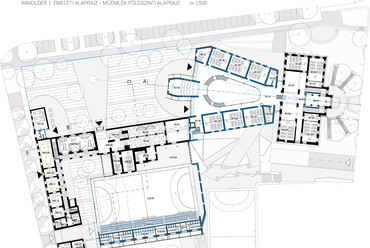 Első emeleti alaprajz – Fülöp Tibor terve a keszthelyi Ranolder-iskola megújításáról szóló tervpályázaton
