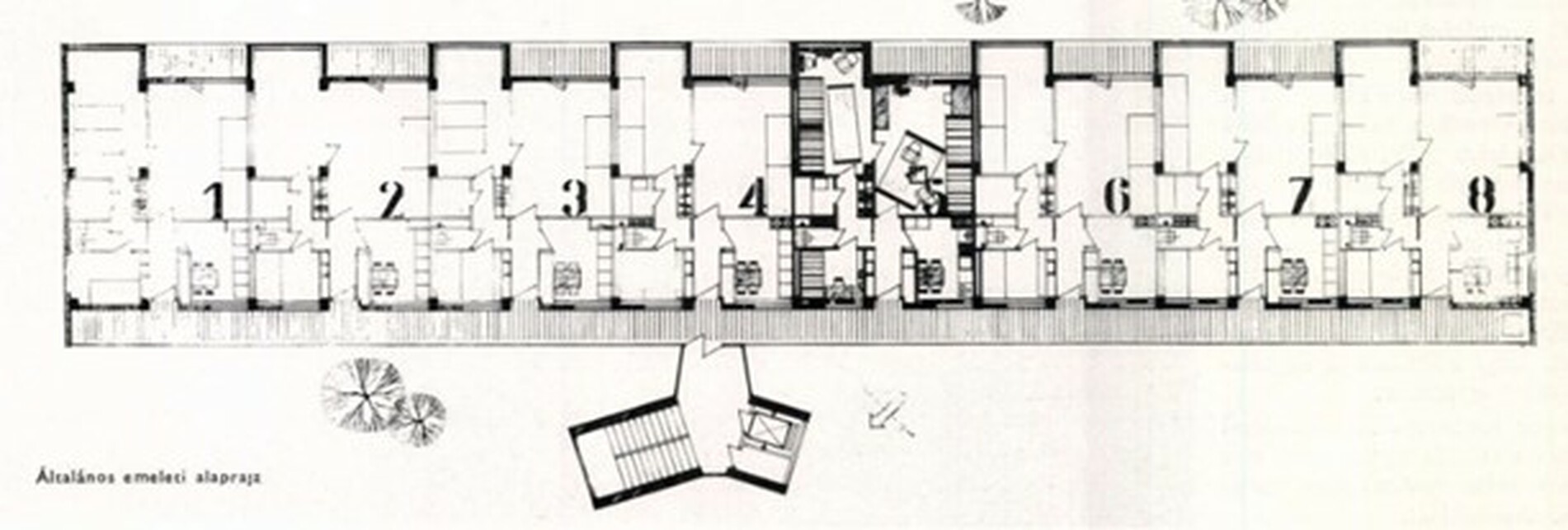 Általános emeleti alaprajz - Kísérleti lakóház a Villányi úton. Forrás: Az alaprajzok a Magyar Építőművészet 1962/1 -es számában megjelenő cikket illusztrálták
