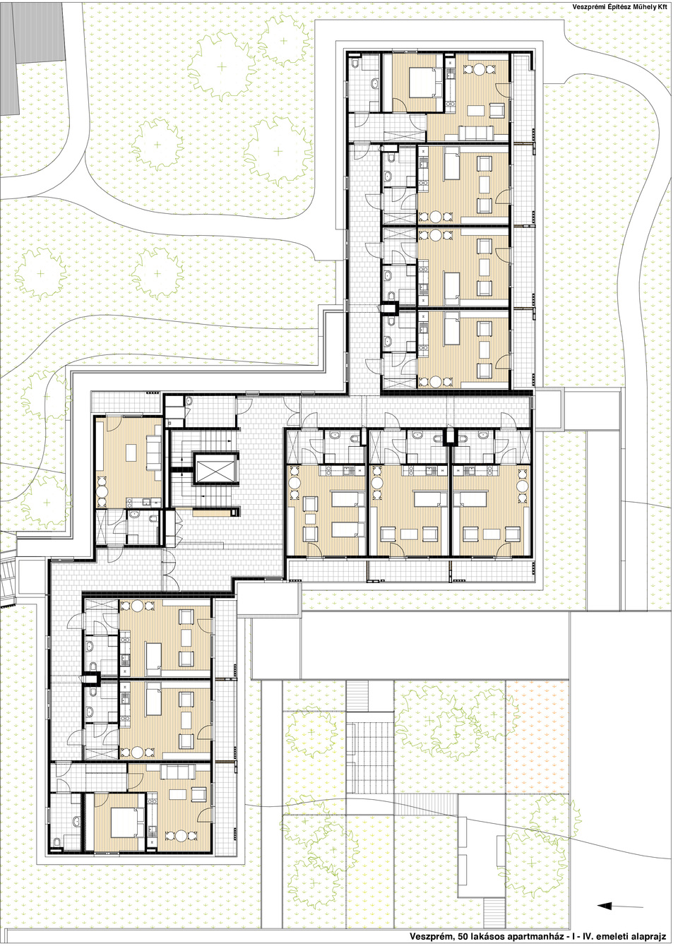 I-IV emeleti alaprajz – Veszprémi Építész Műhely: 50 lakásos apartmanház idősek számára, Veszprém.
