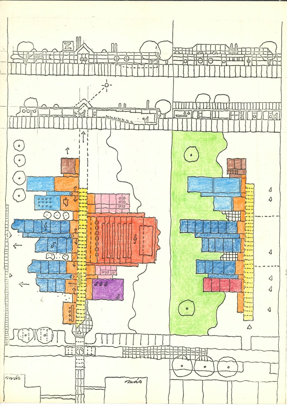 Tomay Tamás színezett tervlapja, 1980-as évek. (részlet) Forrás: MÉM MDK, Tomay Tamás hagyatéka, Tomayné Busch Éva, Tomay Márton és Tomay Katalin ajándéka.
