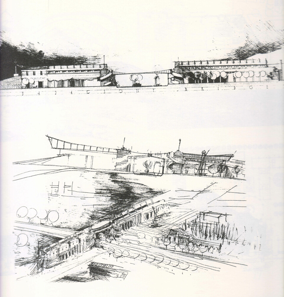 Badacsony kikötőkörnyékének fejlesztési terve a nemzetközi hallgatói workshopon. Forrás: Lenzsér Péter (szerk.): Marinalánc a Balatonon. International Workshop’92. BME, 1994.
