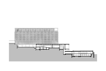 Metszet. Gellért Campus. Tervezők: Plant - Atelier Péter Kis Kft. & Lean Tech Mérnökiroda.
