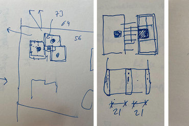 Lázár Antal beszélgetésünk alatt készített skiccei. (1) A Rőzse utcai ház alaprajzi működéséről (2) a Napvirág utcai épület összehasonlítva a Domus áruházzal és (3) egy társasházi lakás általános működése a Napvirág utcai épületek esetében.
