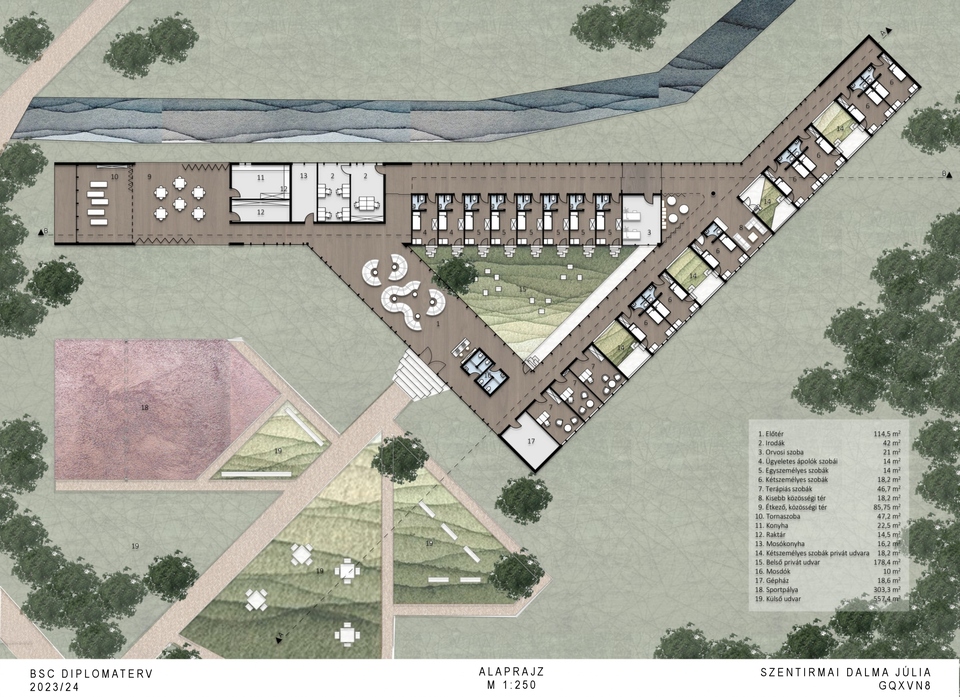 Alaprajz. Rehabilitációs otthon. Szentirmai Dalma Júlia diplomaterve. 2023-24.
