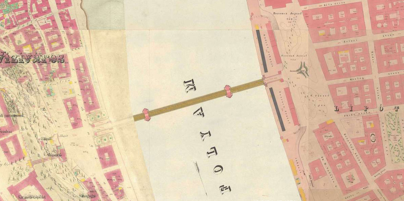 1873 A Széchenyi tér kataszteri térképe és később megvalósult parkosítás kontúrja (Mapire)
