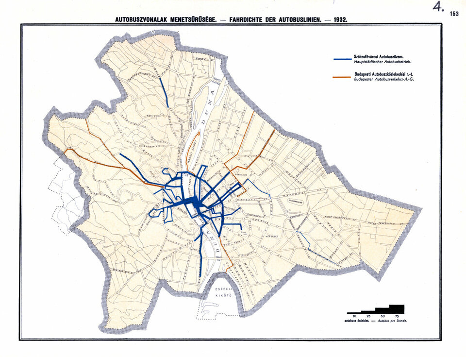 Autóbusz-közlekedés 1933-ban (Dr. Illyefalvi I. Lajos: A székesfőváros múltja és jelene grafikus ábrázolásban) – középpontban a Lánchíd

