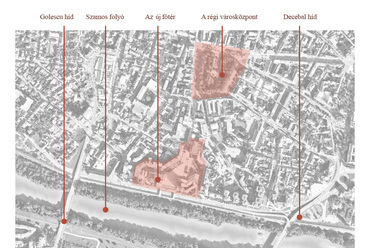 Az új főtér (Piața 25 Octombrie) és a régi főtér (Piața Libertății) elhelyezkedése. A képet szerkesztette Laczka Áron. A fotó forrása: https://earth.google.com
