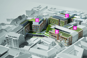 A Semmelweis Egyetem új kutatóközpontjának tervezett épületegyüttese. Forrás: Józsefváros Önkormányzata
