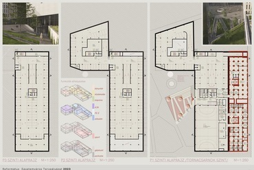 Pinceszinti alaprajzok. A Károli Gáspár Református Egyetem új épületegyüttese – A DPi Design megvételt nyert terve. 2024.
