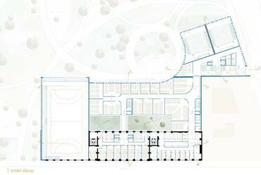 2. emelet alaprajza. A Károli Gáspár Református Egyetem új épületegyüttese. A 3Z Építész Stúdió kiemelt megvételt nyert terve. 2024.
