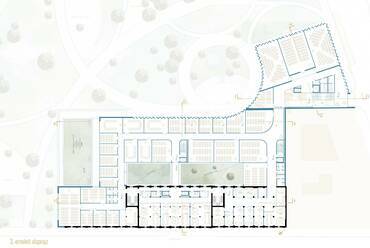 3. emelet alaprajza. A Károli Gáspár Református Egyetem új épületegyüttese. A 3Z Építész Stúdió kiemelt megvételt nyert terve. 2024.
