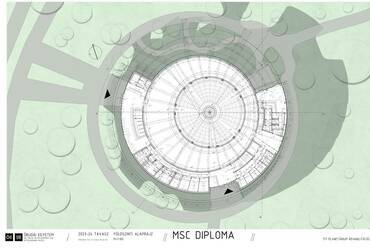 Földszint alaprajza. A népligeti Planetárium rehabilitációja. Nagy István János diplomaterve. 2024.
