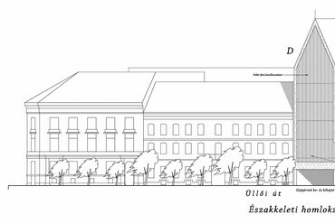 Északkeleti homlokzat. A Károli Gáspár Református Egyetem új épületegyüttesének terve. Tarnóczky Tamás Attila (Építészkohó Kft.). 2024.
