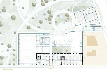 Földszinti alaprajz. A Károli Gáspár Református Egyetem új épületegyüttese. A 3Z Építész Stúdió kiemelt megvételt nyert terve. 2024.
