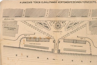 A Lánczhíd téren előállítandó kerteményezésnek tervezete. Friwisz Ferenc, 1862 Kiscelli Múzeum Építészeti Gyűjteménye, ltsz: 32646.12
