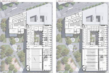 Emeleti alaprajzok. A Károli Gáspár Református Egyetem új épületegyüttese – Az A3 Építész Kft. kiemelt megvételt nyert terve. 2024.
