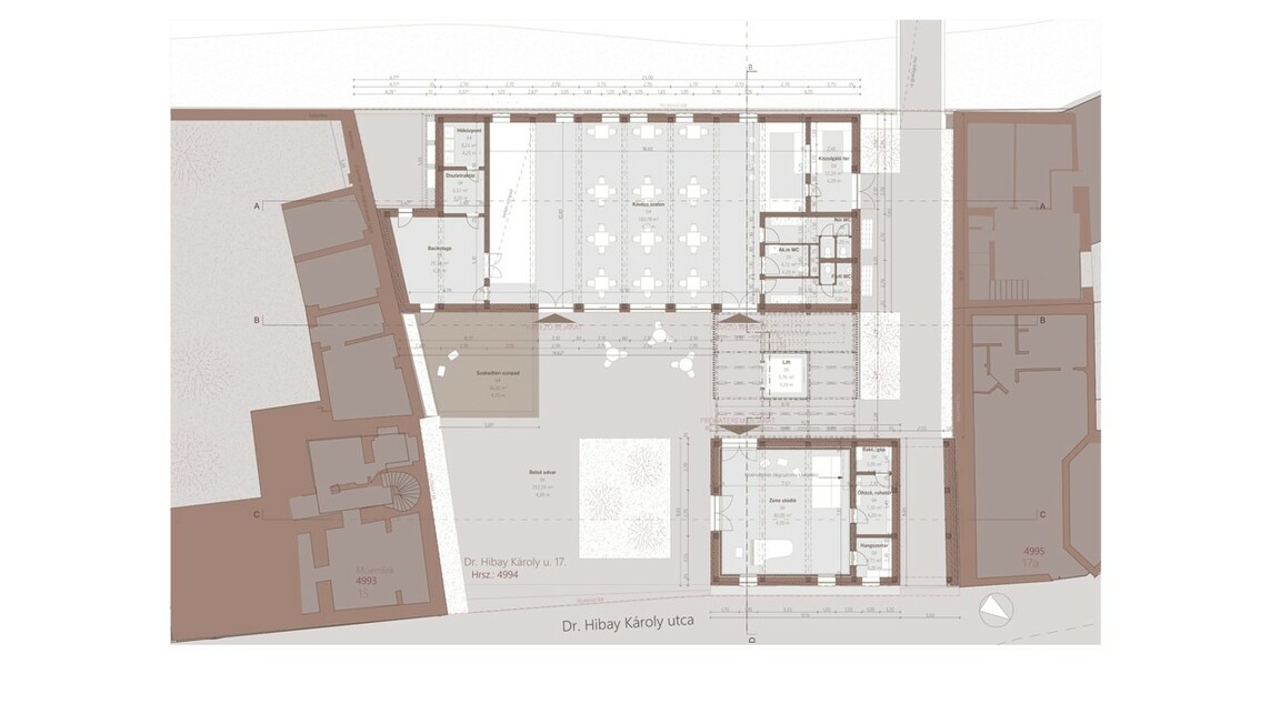 Földszinti alaprajz. H17 Kultúrház. Előadóművészeti negyed kialakítása Eger központjában. Ferenc András diplomaterve. 2024.
