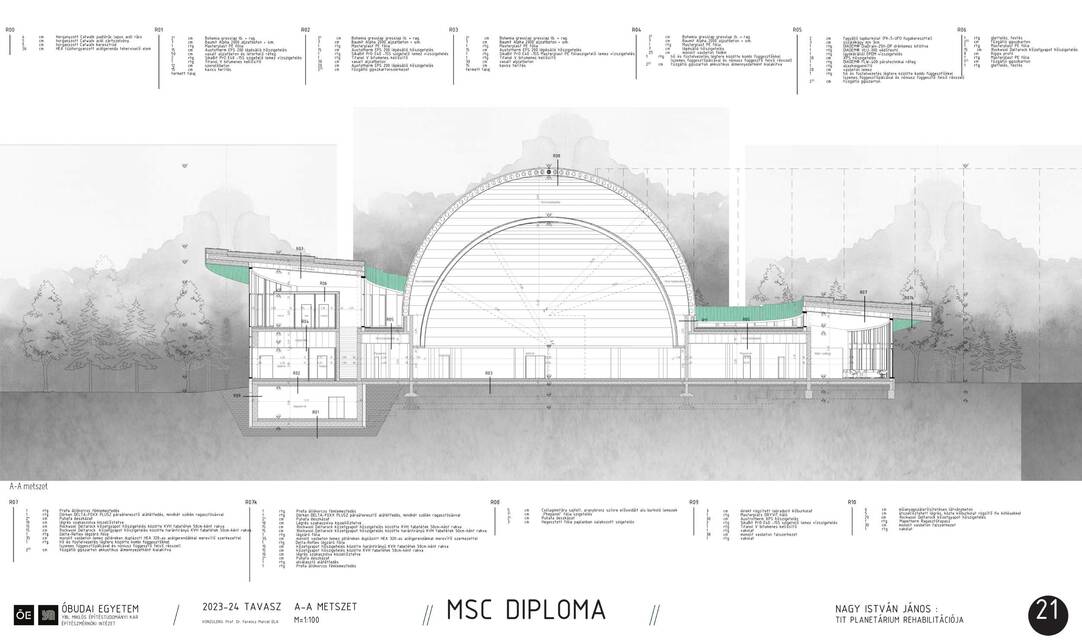 Metszet. A népligeti Planetárium rehabilitációja. Nagy István János diplomaterve. 2024.
