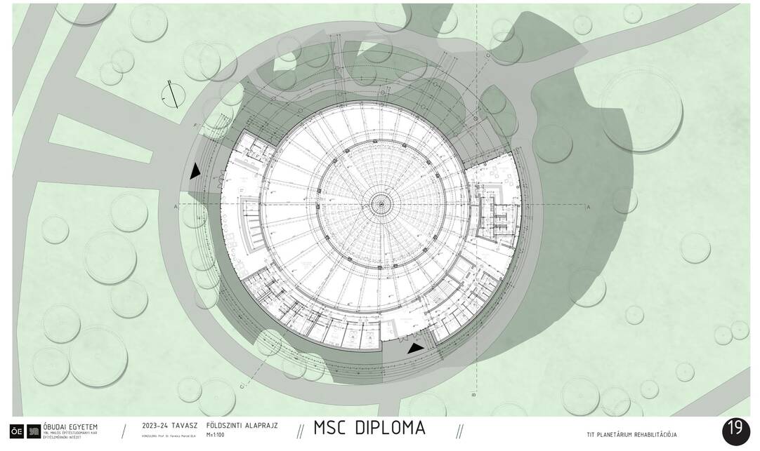 Földszint alaprajza. A népligeti Planetárium rehabilitációja. Nagy István János diplomaterve. 2024.
