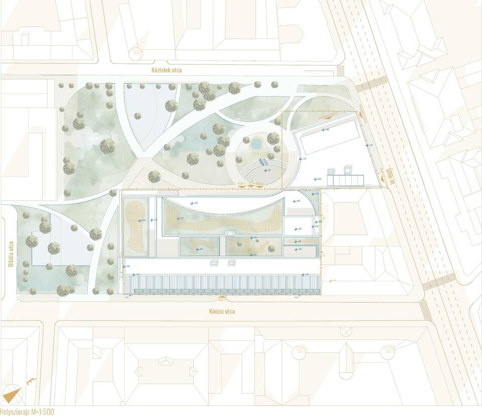 Helyszínrajz. A Károli Gáspár Református Egyetem új épületegyüttese. A 3Z Építész Stúdió kiemelt megvételt nyert terve. 2024.
