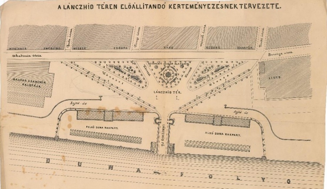 A Lánczhíd téren előállítandó kerteményezésnek tervezete. Friwisz Ferenc, 1862 Kiscelli Múzeum Építészeti Gyűjteménye, ltsz: 32646.12
