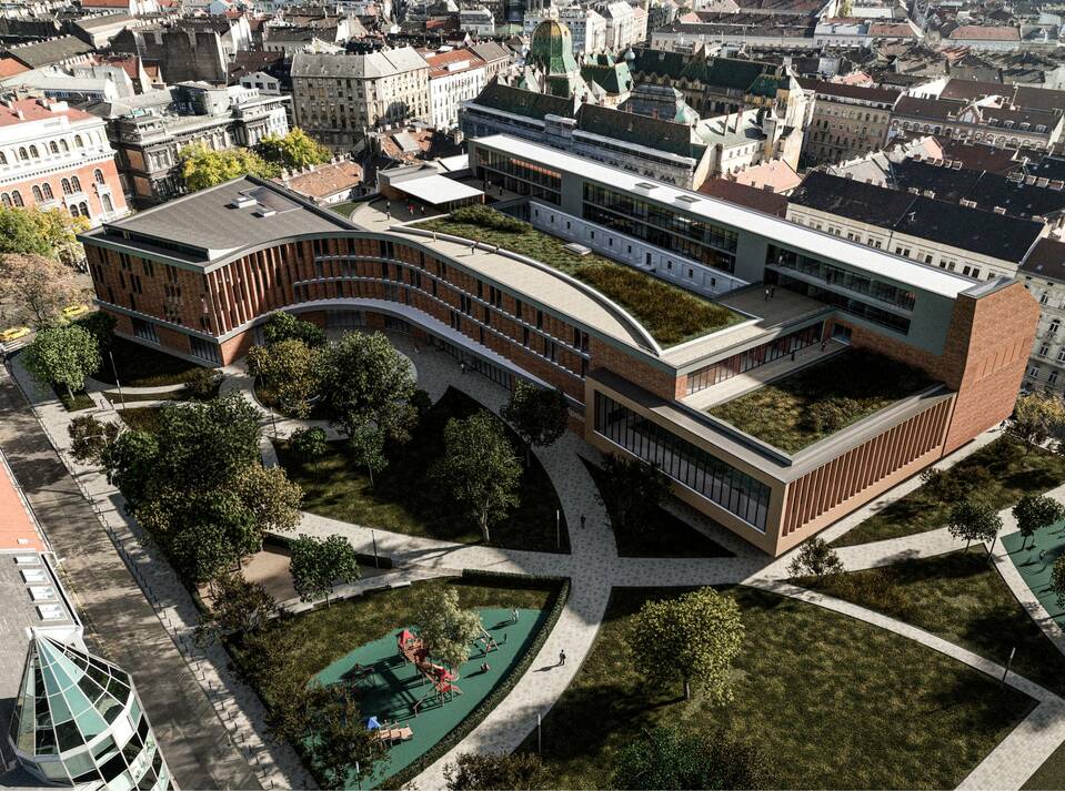 Madártávlat. A Károli Gáspár Református Egyetem új épületegyüttese. A 3Z Építész Stúdió kiemelt megvételt nyert terve. 2024.
