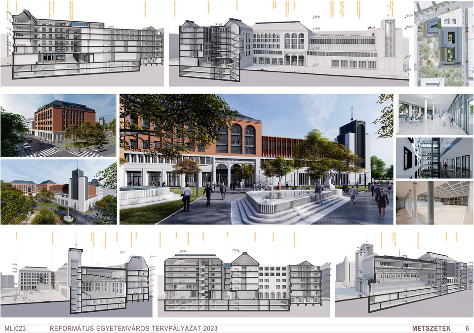 Metszetek. A Károli Gáspár Református Egyetem új épületegyüttese – Az A3 Építész Kft. kiemelt megvételt nyert terve. 2024.

