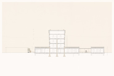 D-D metszet. Komáromi vízház átalakítása – Kerékpáros hostel. Imre Flóra diplomaterve. 2024.
