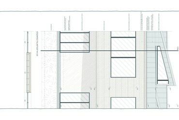 Részmetszet-Homlokzat. Ifjúsági és Felnőttképzési központ, Múzeumbővítés, Sepsiszentgyörgy. Popa-Müller Dávid diplomaterve. 2024. 
