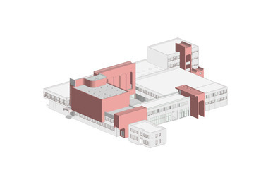 Axonometria a bővítményekről az déli homlokzat felől. Multidiszciplináris művészeti és inspirációs központ - MMIK revitalizáció. Zalaegerszeg. Gyarmati Dóra diplomaterve. 2024.
