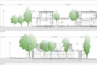 Metszet. Füredliget Üzletpavilon, Balatonfüred. Avant-Garde Építész Stúdió Kft. 2024.
