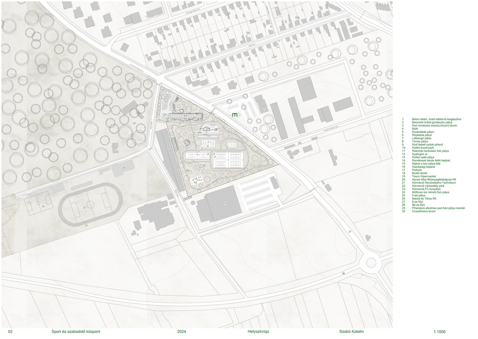 Helyszínrajz. Sport- és szabadidőközpont, Körmend. Szabó Katalin diplomaterve. 2024. 

