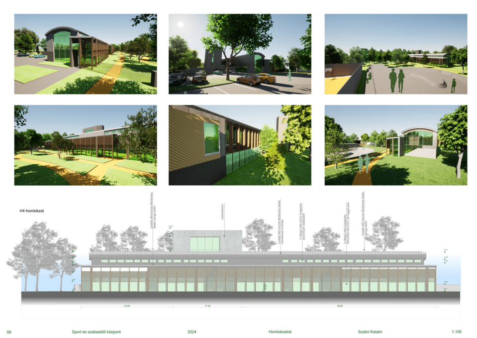 Homlokzat. Sport- és szabadidőközpont, Körmend. Szabó Katalin diplomaterve. 2024. 
