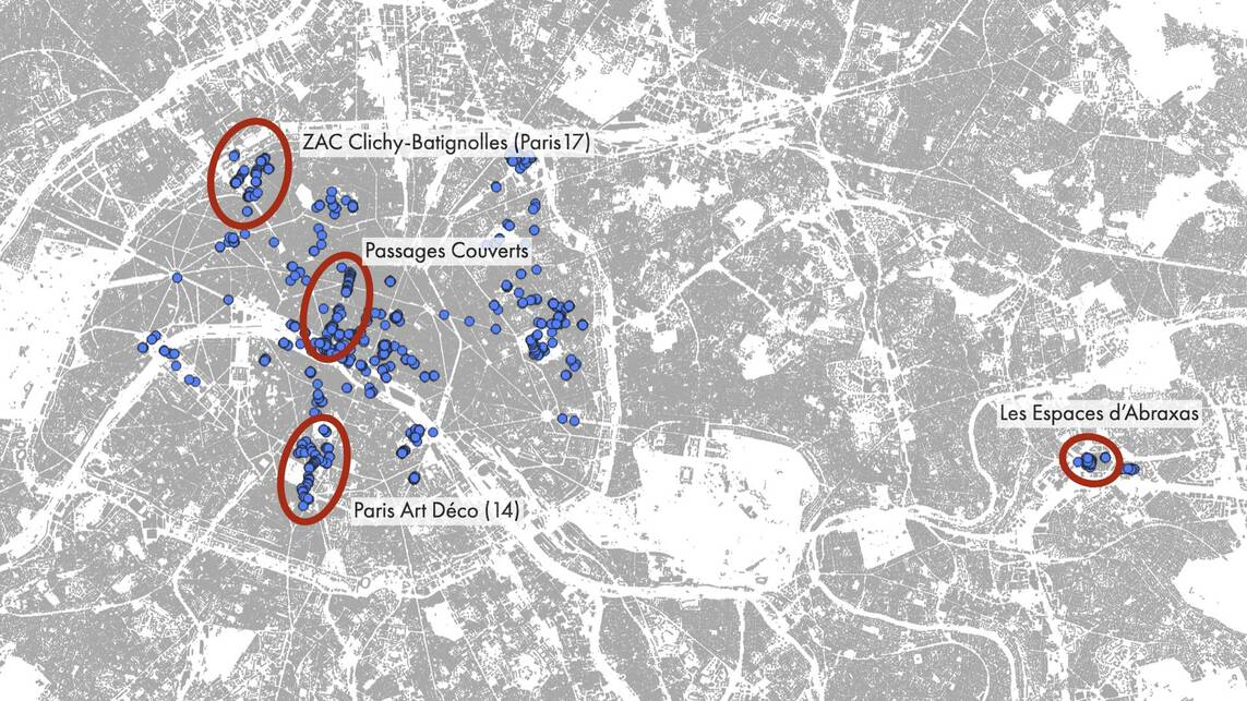 A geolokalizált fényképek alapján kirajzolódik a párizsi látványosságok térképe, és jól elkülöníthetők a négy séta során felfedezett új terütek. Fotó: Klaniczay János, 2024.
