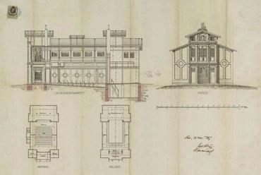 A gyermekszínház szintenkénti alaprajza és homlokzatai. Tervező: Buzzi Bódog, 1869