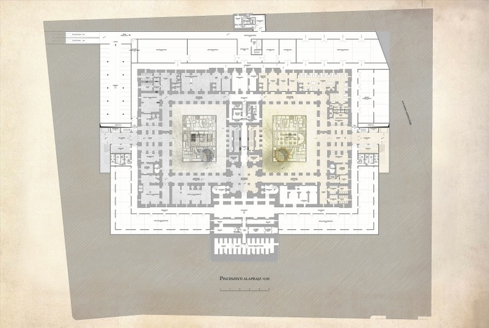 Magyar Nemzeti Múzeum tervpályázat - Pinceszinti alaprajz, tervező: Skardelli György, KÖZTI Zrt.