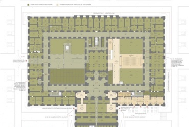 MNM pályázat - földszint alaprajza, hosszú távú átalakítási javaslat. Tervezők: Bérces László (vezető tervező), Kápolnás Gergely