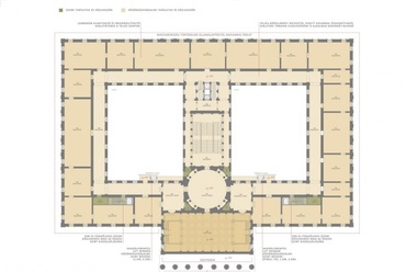 MNM pályázat - 2. emelet alaprajza, hosszú távú átalakítási javaslat. Tervezők: Bérces László (vezető tervező), Kápolnás Gergely, Kun Róbert, Magyar Ádám