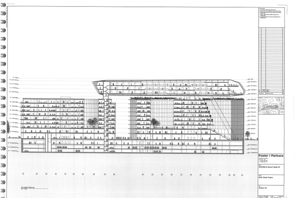 Belváros Új Városközpont. metszet. Építész: Foster&Partners