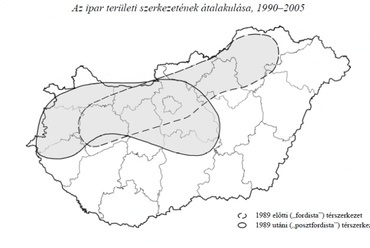 23. ábra: Az ipar áthelyeződése, az iparszerkezet átalakulása 1990-2005. között, forrás: ((9), p. 552.)