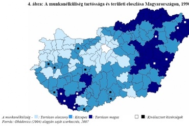 12. ábra: A munkanélküliség eloszlása, 1990–2003., A foglalkoztatási ráta, 2009., forrás: ((21 és 10), p. 9. és 39.)