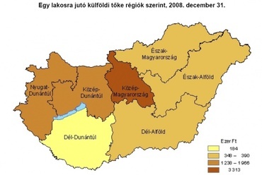 14. ábra: Az egy lakosra jutó külföldi tőke 2008. és az egy lakosra jutó beruházás, 2009.,  forrás: ((10), p. 19. és 20.)