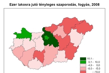 16. ábra: A tényleges szaporodás, fogyás, 2008., és a belföldi vándorlás különbözete, 2009. 1000 lakosra, forrás: ((11 és 1), p.