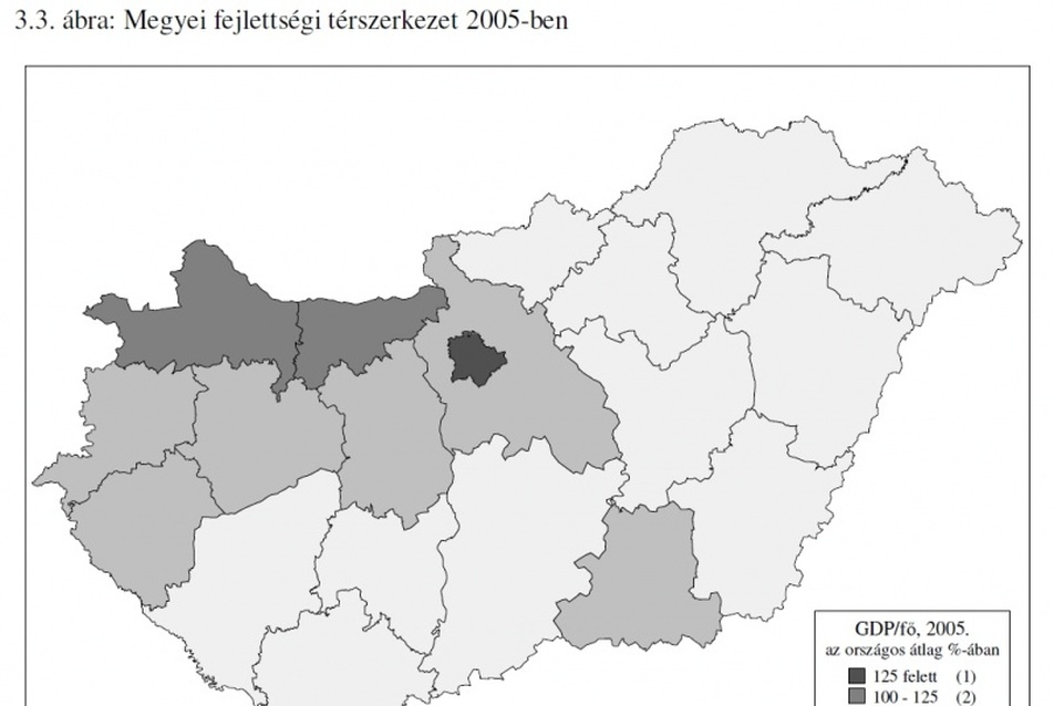 10. ábra: A megyei fejlettségi térszerkezet 1975-ben és 2005-ben, forrás: ((23), p.73-74.)