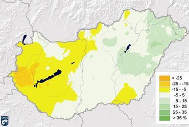 Az éves csapadékösszeg százalékos változása 1960 és 2009 közöttSzeged a sárga mezőben van, tehát az éves csapadék csökkent.